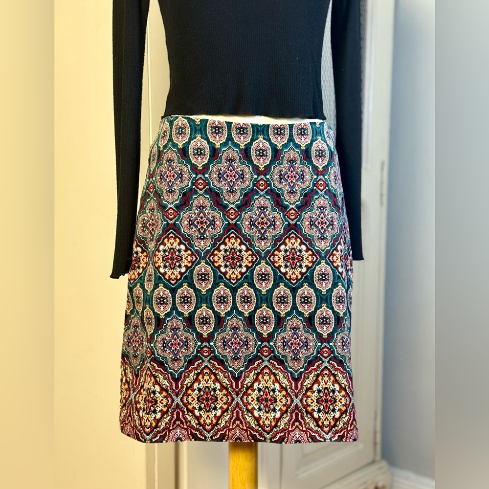 Loft Boho Kaleidoscope Psychedelic Print on Cotton Corduroy A-Line Mini Skirt - Picture 4 of 7